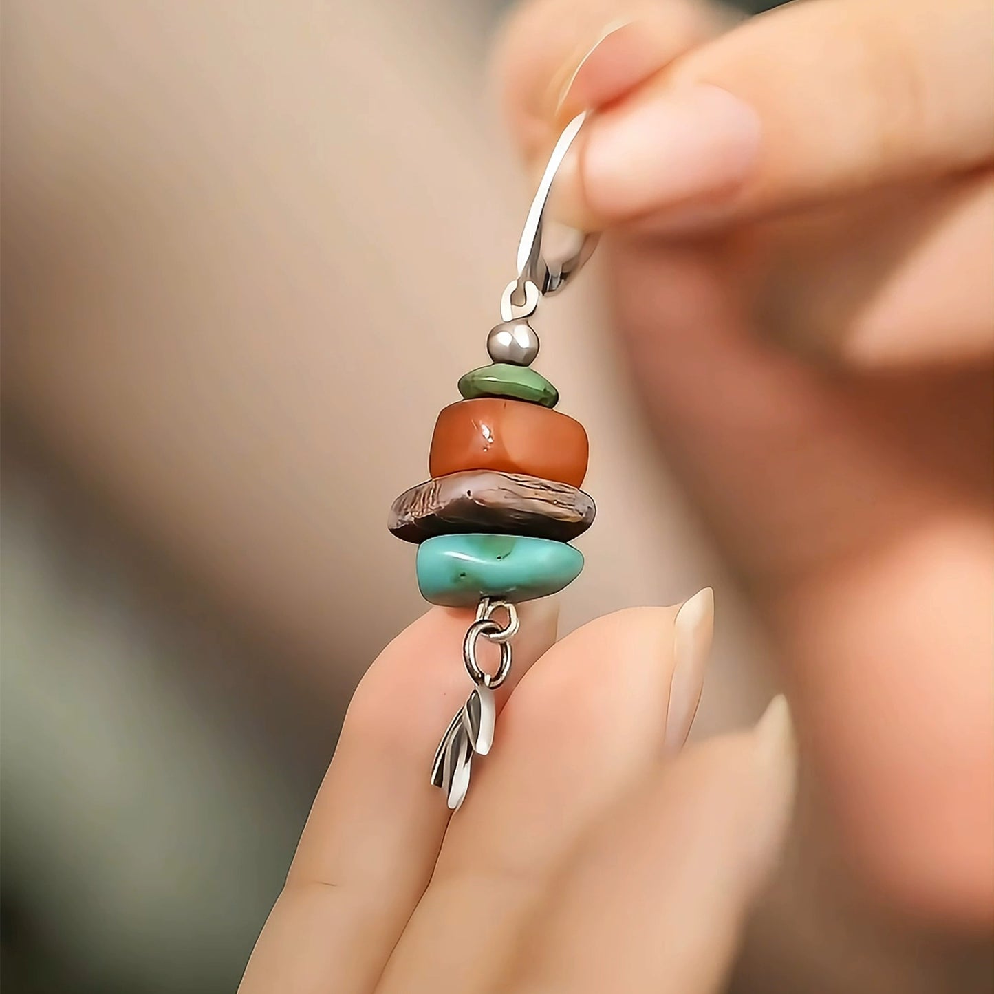 925 Silver New Tibetan Retro Turquoise Asymmetrical Earrings Beeswax Ear Hooks Female Bamboo Leaf Agarwood High Sense Versatile