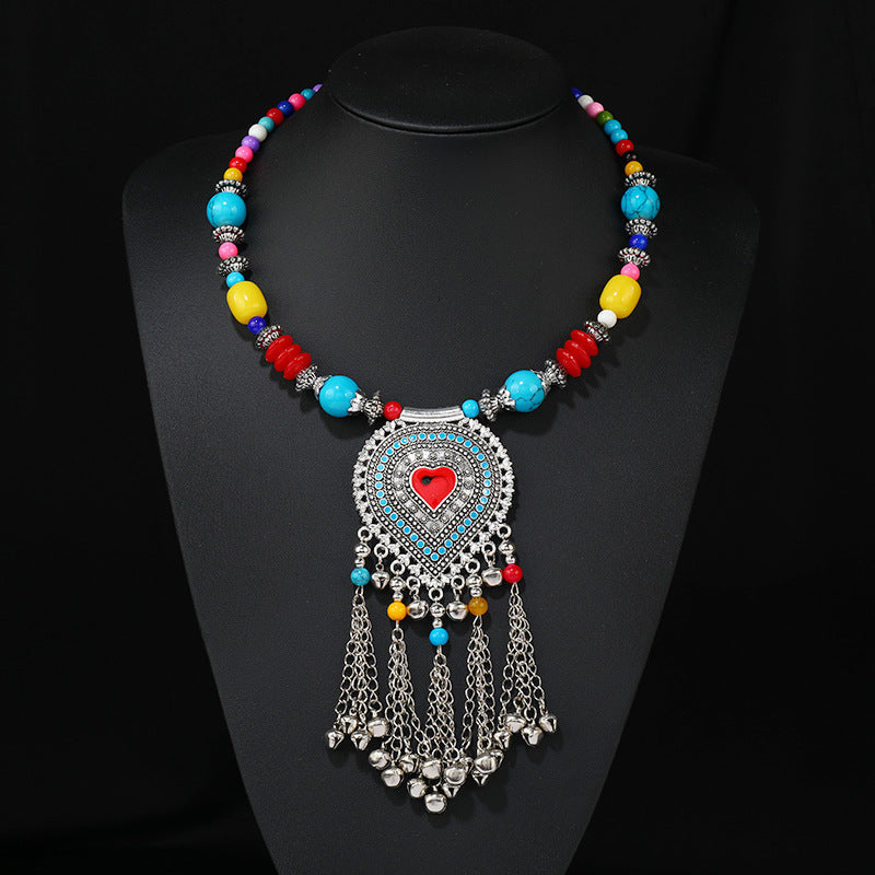 Retro Ethnic Tibetan Necklace Bell Tassel Colored Beaded Collar Sweater Chain Accessories