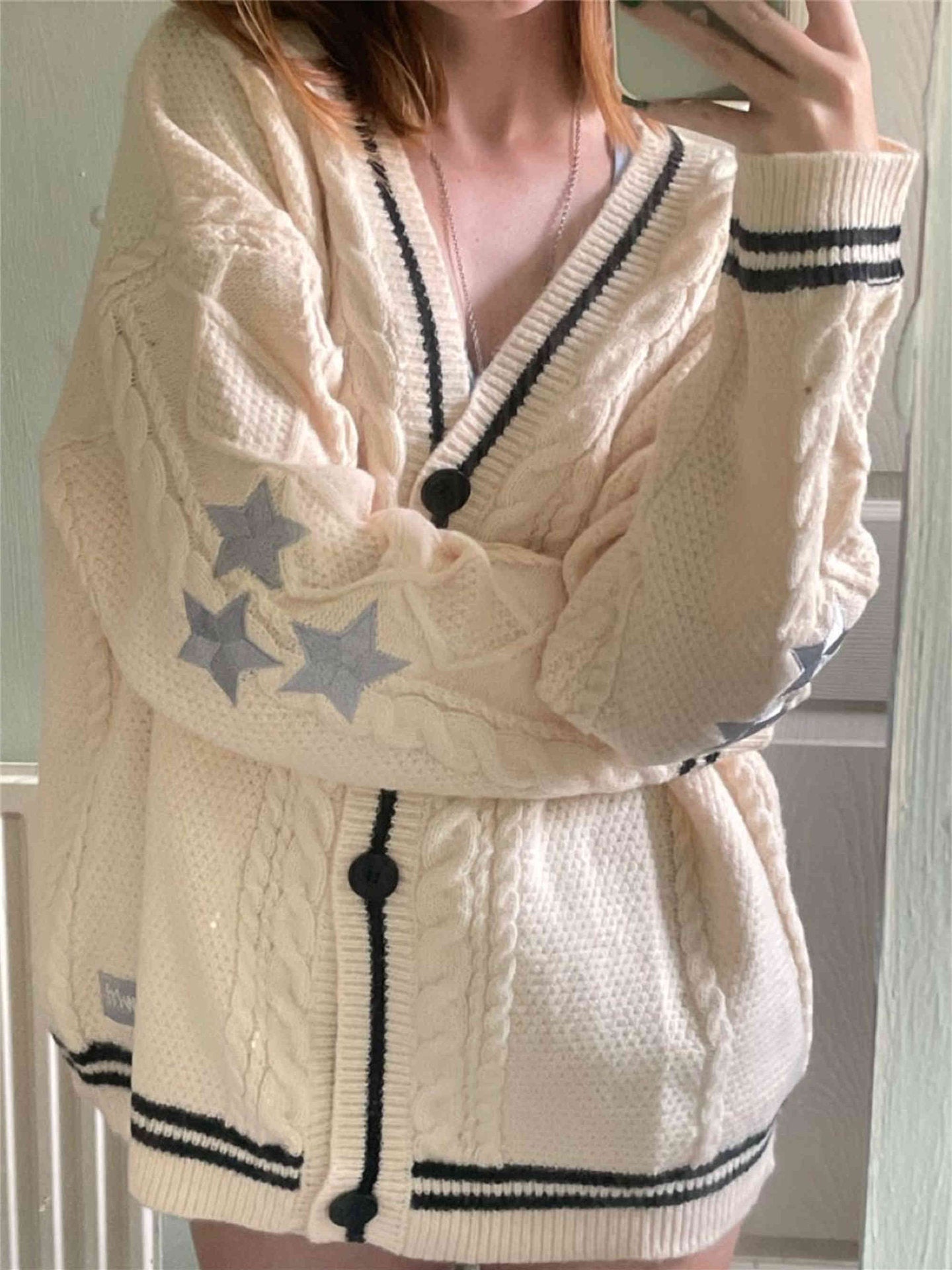 Autumn and Winter Solid Color Long Sleeve Cardigan Feminine Commuting Batwing Knitted Off-white Single-breasted Sweater Jacket