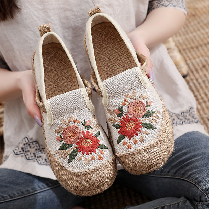 Embroidered Shoes Fisherman Shoes Cart Stitching Cotton and Linen Embroidery Shoes, Anti Slip and Breathable Round Toe Women's Shoes