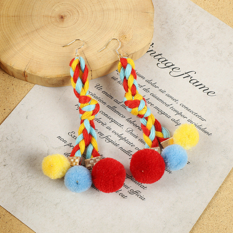 Ethnic Style Plush Ball Earrings Vintage Bohemian Long Personalized Colorful Plush Ball Earrings Holiday Tassel Earrings