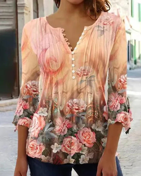 Spring and Summer Fashion New Women's Clothing Floral Printing V-neck Short-sleeved Pleated Button-up T-shirt Bottoming Shirt