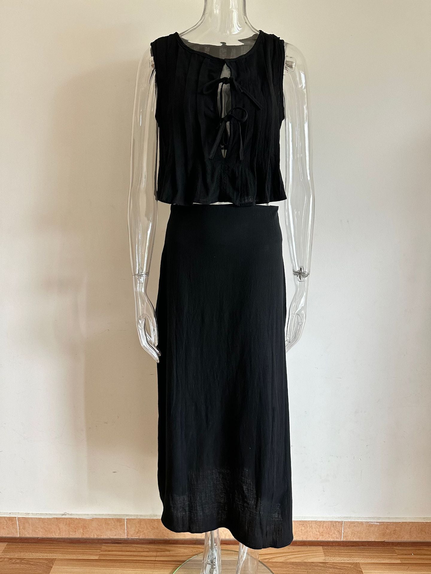 6 Colors Breathable Cotton and Linen Pleated Sleeveless Straps, Women's Shirts, High Street Long Skirts.