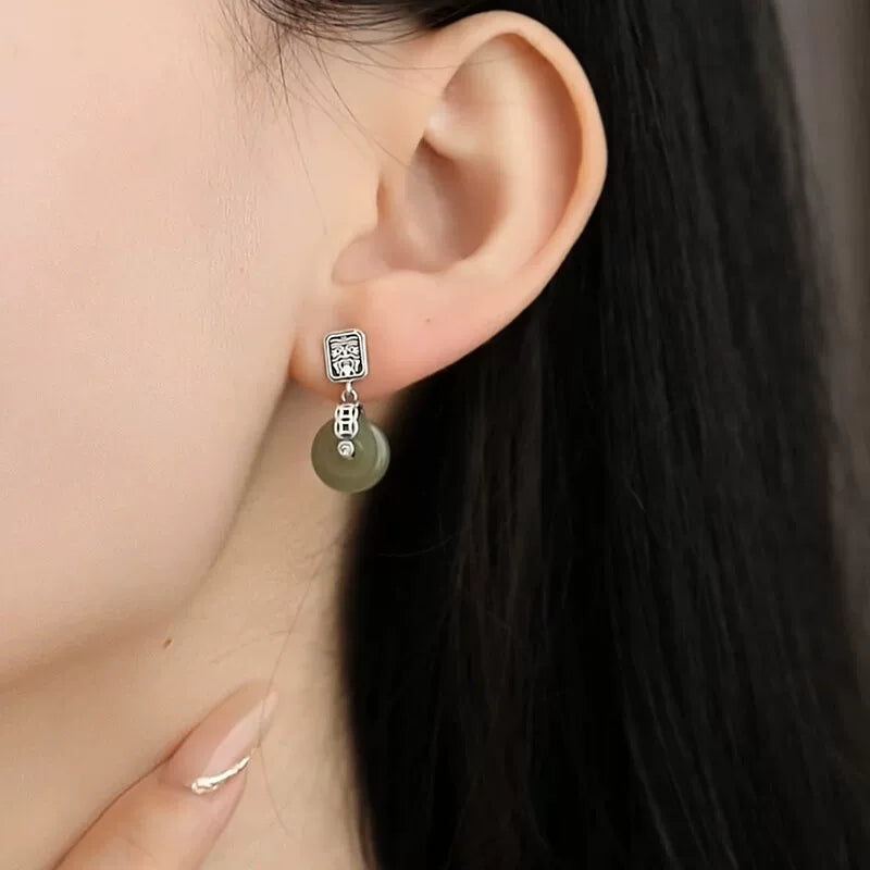 925 Silver Retro New Zakiram Hetian Jade Safety Buckle Earrings Copper Coins Women's Simple and High-end Sense Jewelry