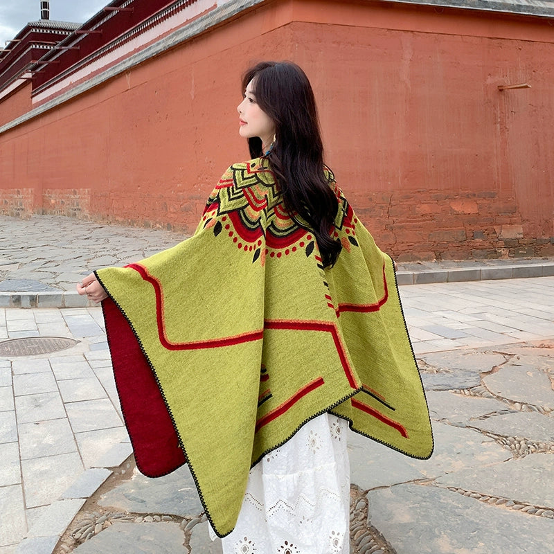 Tibetan Great Retro Totem Red Warm Outer Shawl Women's Scarf Autumn and Winter Cloak Big Cloak