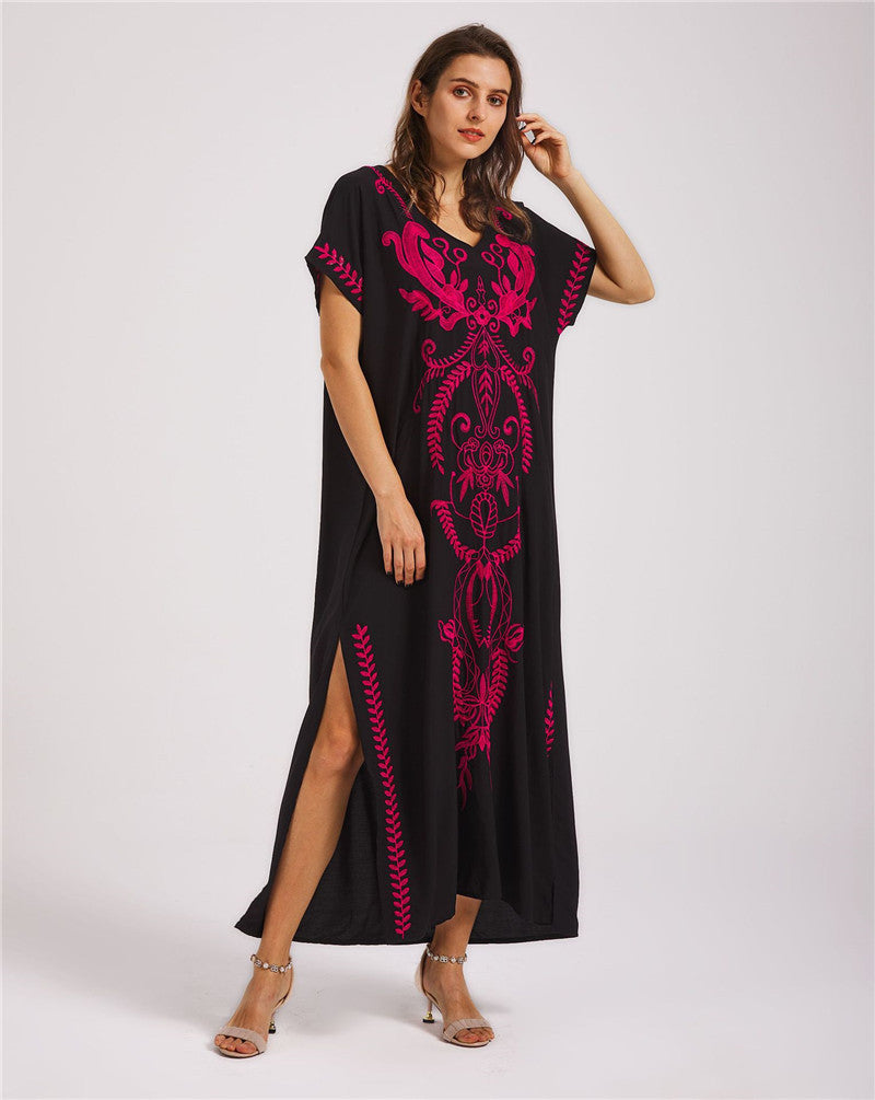 Artificial Cotton Embroidered Beach Cover Up, Long Robe Style Embroidered Dress, Beach Bikini Sun Protection Cover Up