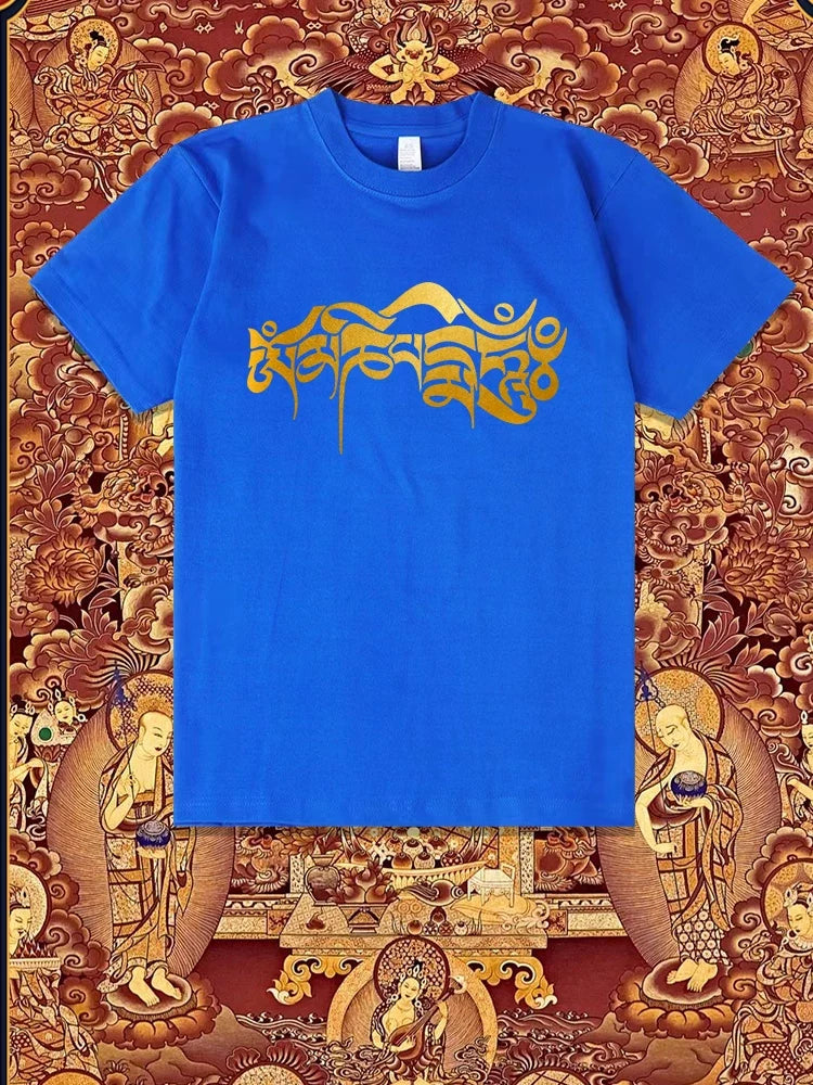 Six-character Mantra Tibetan Summer Men's and Women's Same Cotton Short-sleeved T-shirt Round Neck New Clothes Buddhist Cultural Shirt