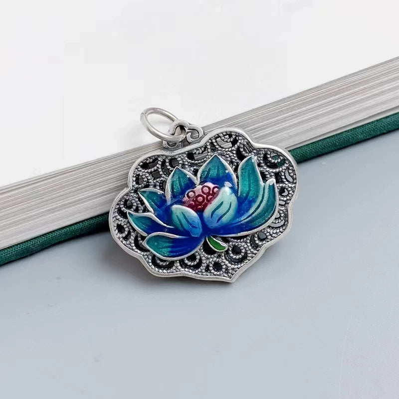 S925 Anemone Heart Sutra Necklace for Men and Women Painted with Lang Lotus Ruyi Lock Pendant Vintage Clavicle Chain