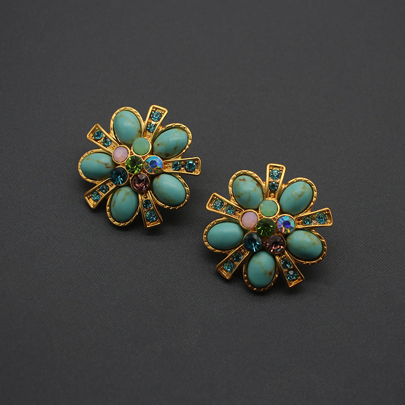 Turquoise Earrings, Protein Gemstones, 925 Silver Needles, Flower Earrings, 24K Matte Gold Electroplating Earrings