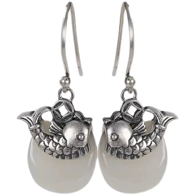 925 Silver Needle White Jade Retro Ruyi Ping An Buckle Personalized Koi Fish Ladies Earrings