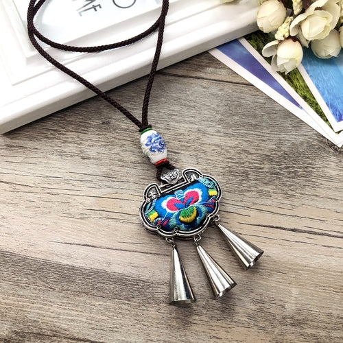 Retro Fashion Ethnic Embroidery Flower Necklace Tassel Pendant Sweater Chain