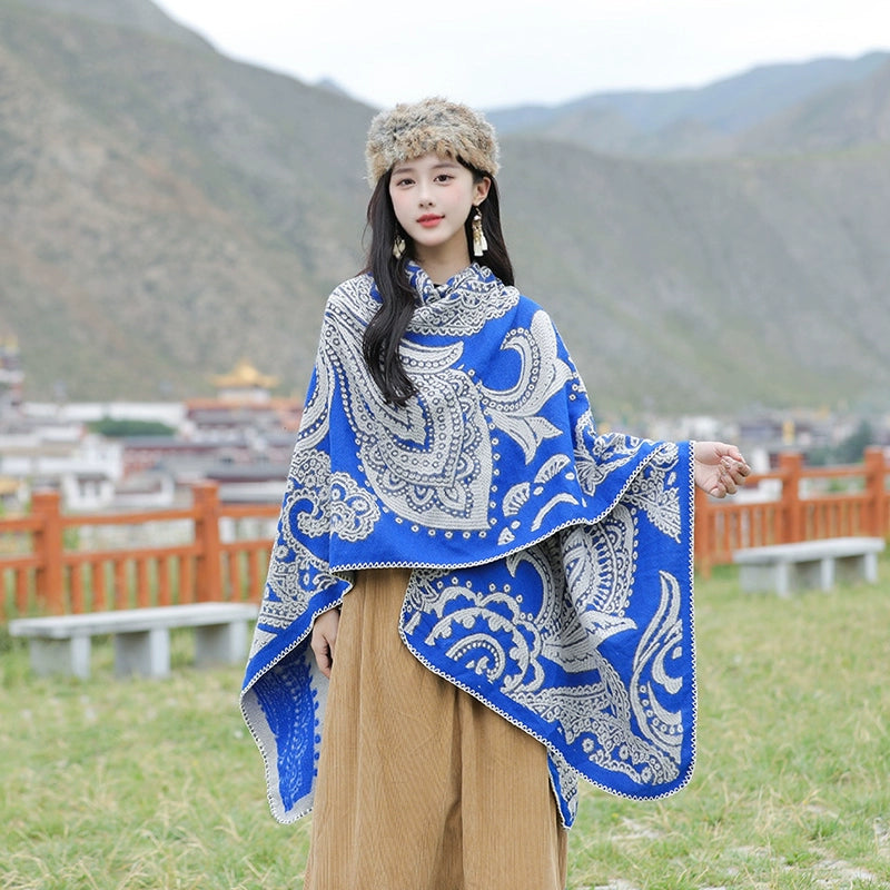 Tibetan Great Retro Totem Red Warm Outer Shawl Women's Scarf Autumn and Winter Cloak Big Cloak