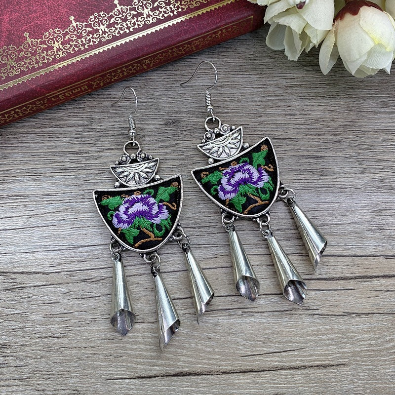 National Style Embroidered Tassel Earrings Retro Fashion Chime Earrings Ethnic Style Versatile Earrings