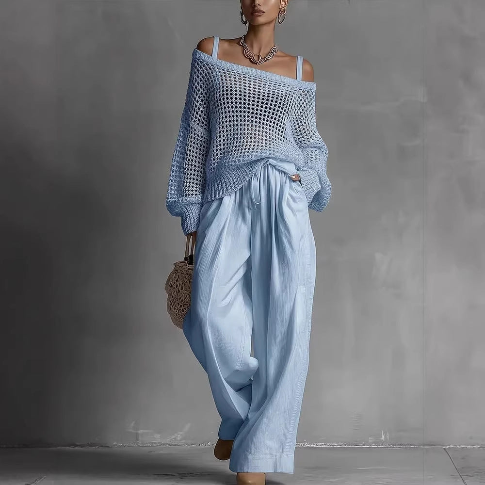 Popular Women's Comfortable Hollow Knitted Top and Linen Pants Two-piece Set