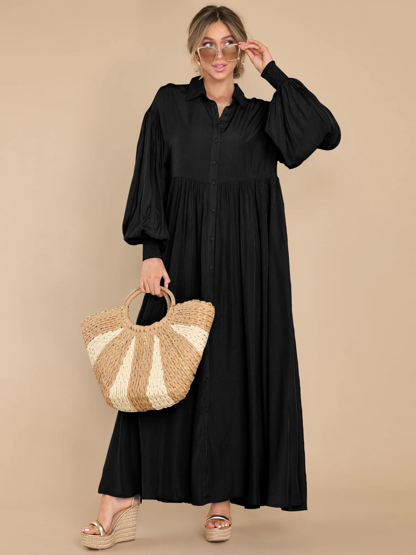 Autumn and Winter New Product Long Solid Color Dress Button Long Dress Loose Oversized Swing Skirt