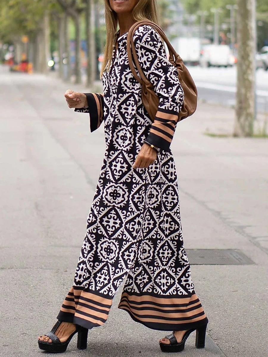 New Summer Retro Casual Geometric Colored Tribal Split V-Neck Long Sleeve Holiday Dress