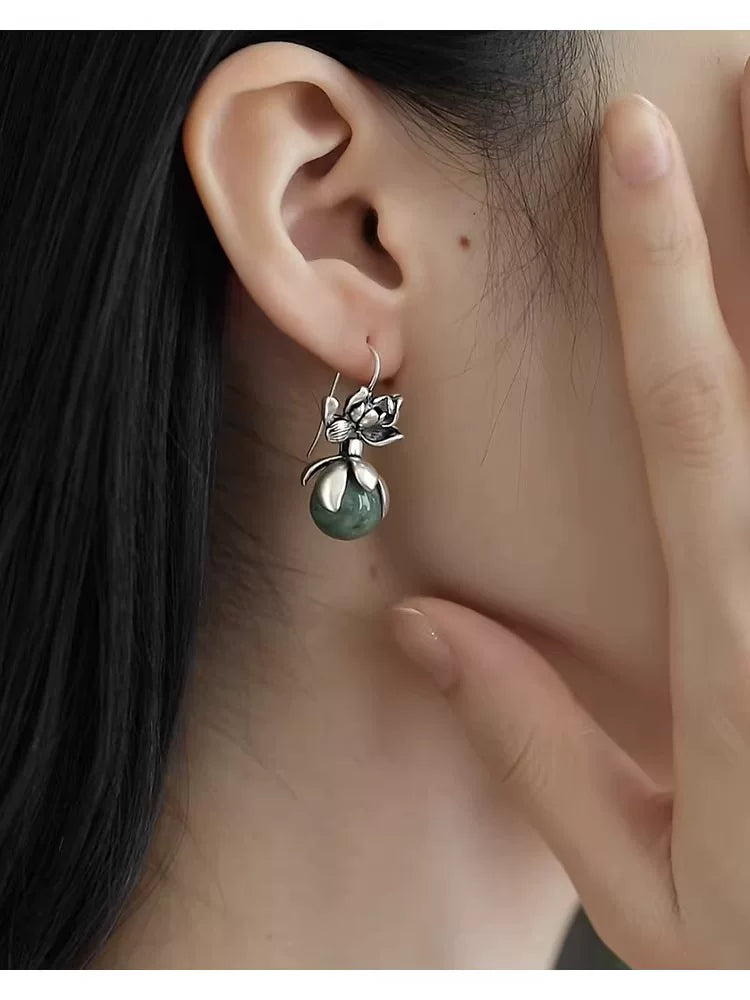S925 Silver Good Things Lianlian Round Bead Earrings Women's Niche Design Sense Ethnic Style Lotus Anti-Allergy Earrings