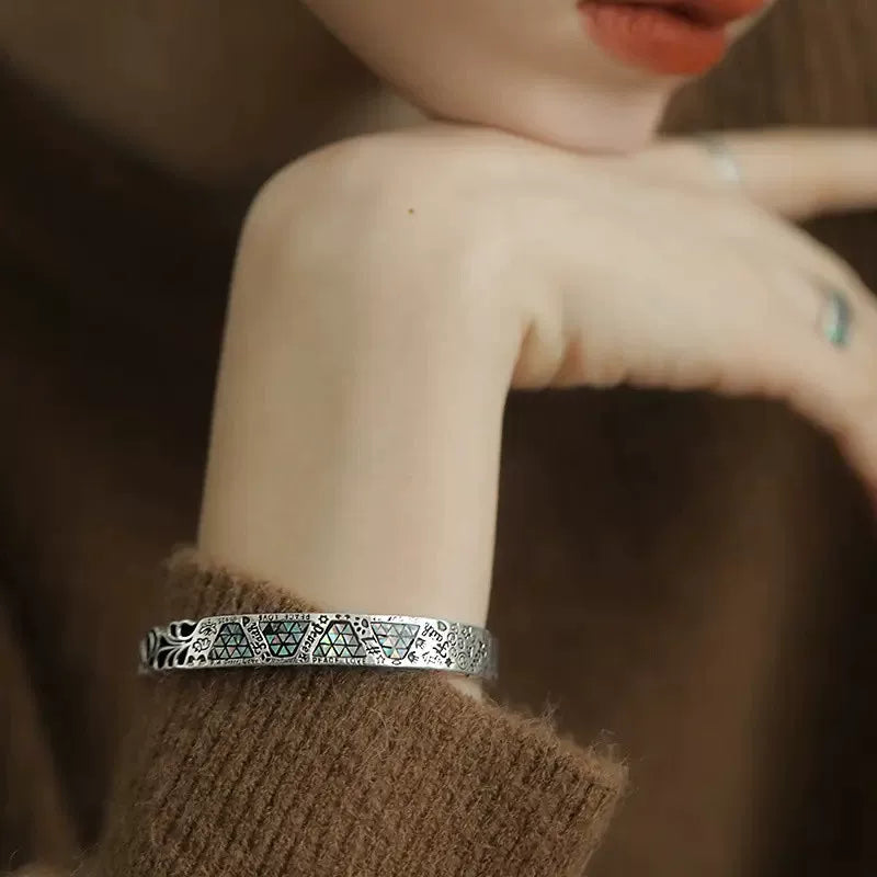 925 Silver Retro New Color Shell Geometric Graffiti Opening Bracelet Totem Enamel Old Female Niche Design