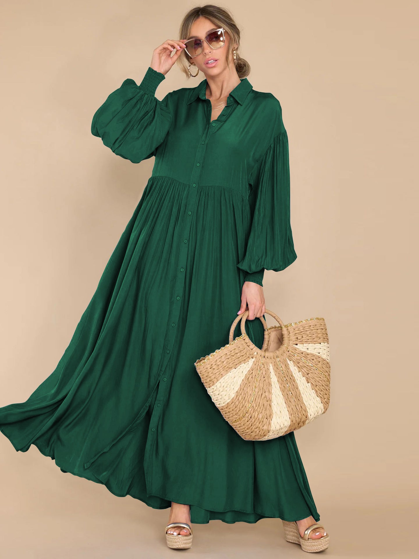 Autumn and Winter New Product Long Solid Color Dress Button Long Dress Loose Oversized Swing Skirt