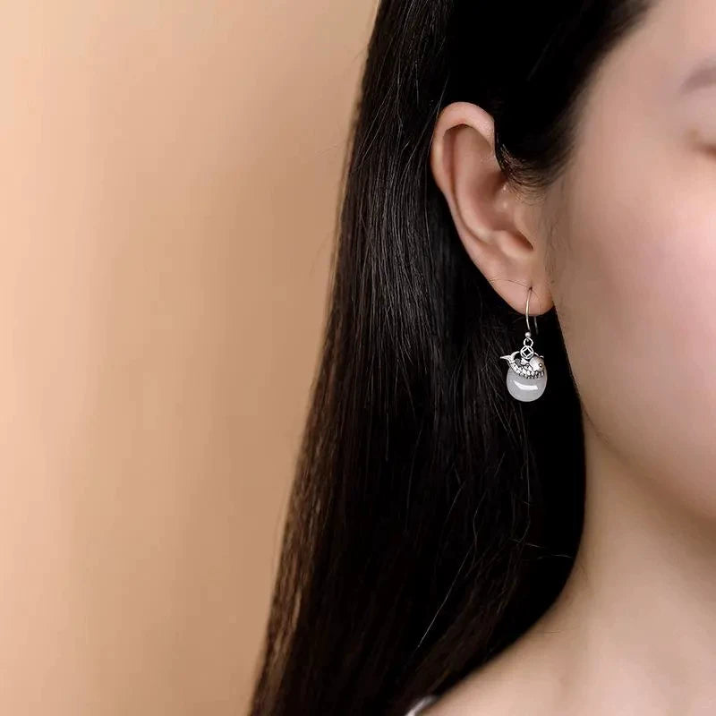 925 Silver Needle White Jade Retro Ruyi Ping An Buckle Personalized Koi Fish Ladies Earrings