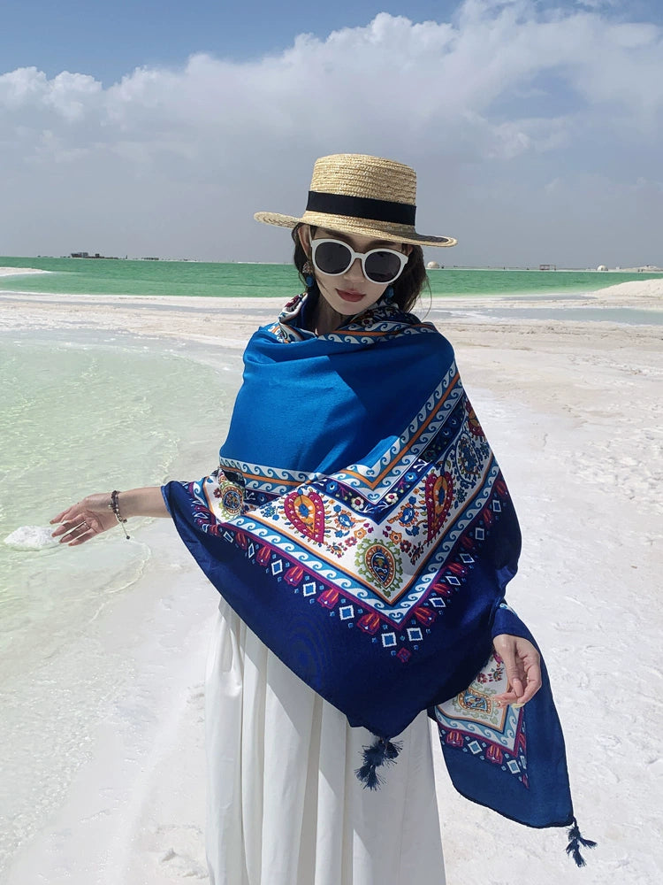 Ethnic Style Shawl Blue Seaside Beach Towel Thin Silk Scarf