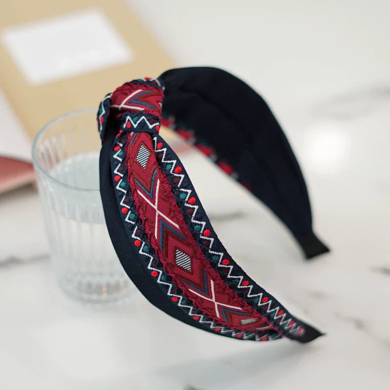 Bohemian Ethnic Wind Embroidery Knotted Headband High Skull Top Big Head Circumference Hair Hole Headband
