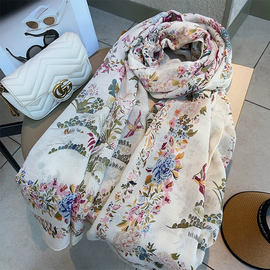 Cotton and Linen Scarf Female Original Design Birds and Flowers Pastoral Style Versatile Warm and Beautiful Neck Shawl Spring and Autumn New