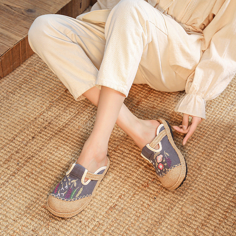 Summer New Ethnic Style Embroidered Slippers Women's Beef Tendon Bottom Cloth Shoes Women Hand-woven Linen Straw Shoes