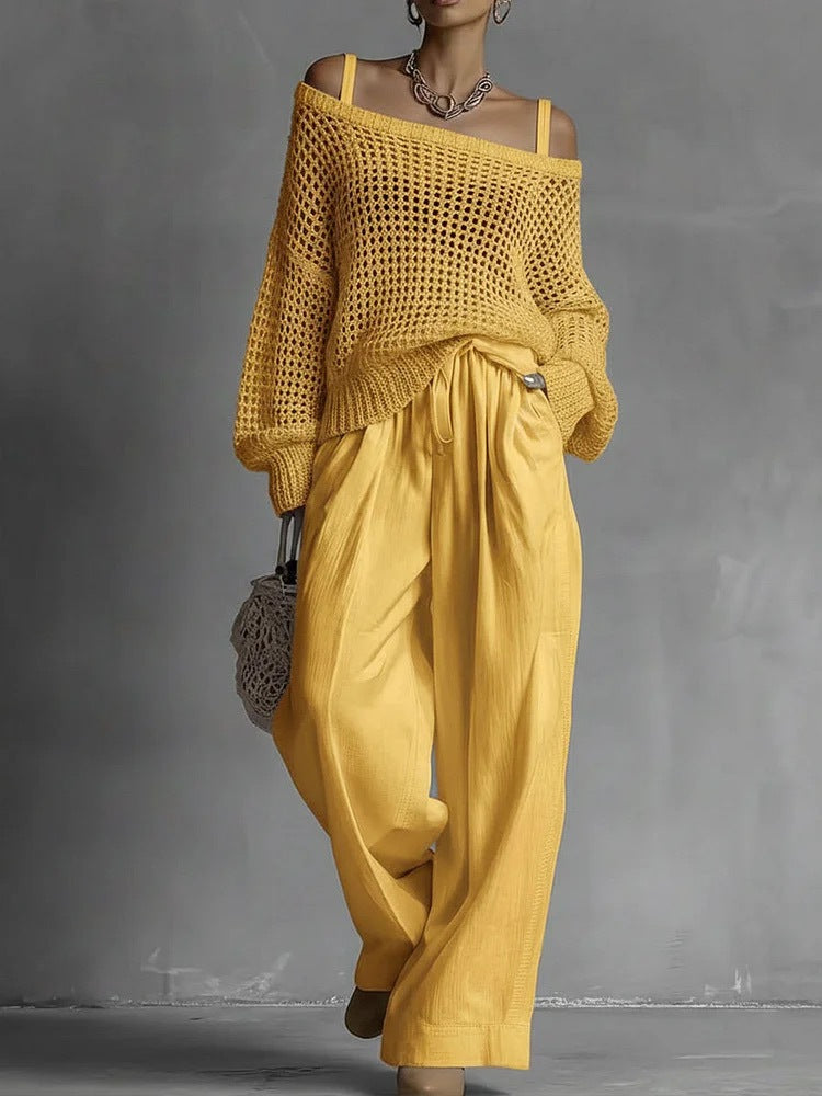 Popular Women's Comfortable Hollow Knitted Top and Linen Pants Two-piece Set