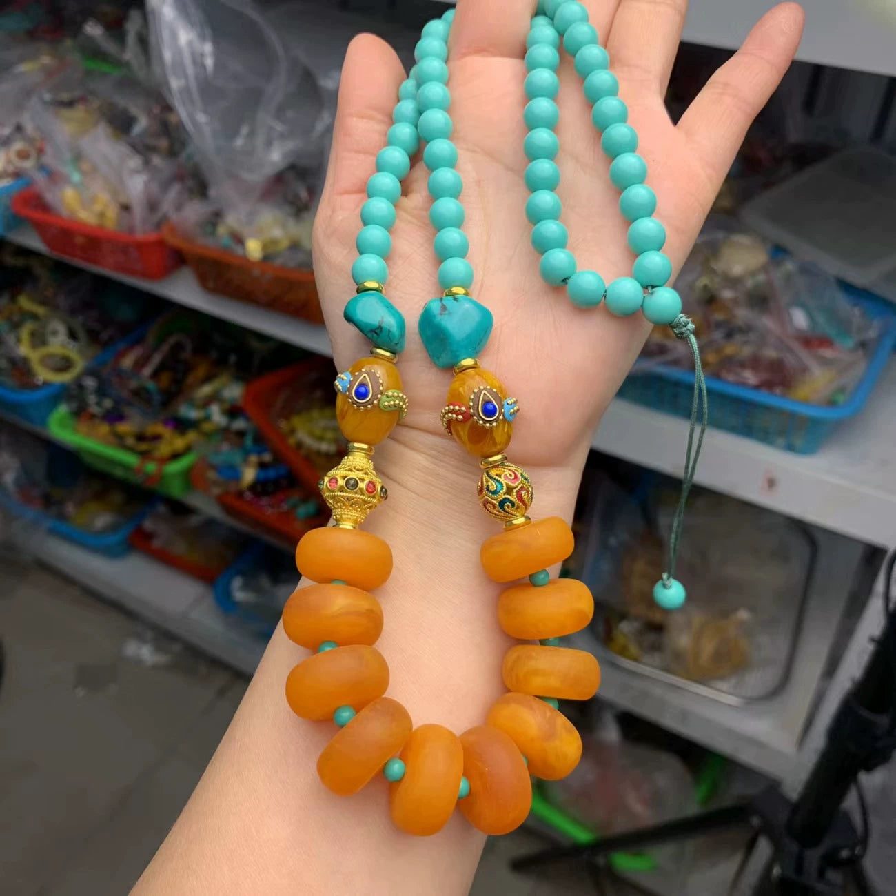 New Tibetan Ethnic Style Handmade Beeswax Turquoise Inlaid Nepalese Accessories Neck Hanging Sweater Chain