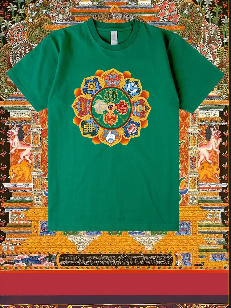 Diamond Pestle Babao New Printed Pure Cotton Mantra Wheel T-shirt Top, Buddhist Men's and Women's High-end Clothing