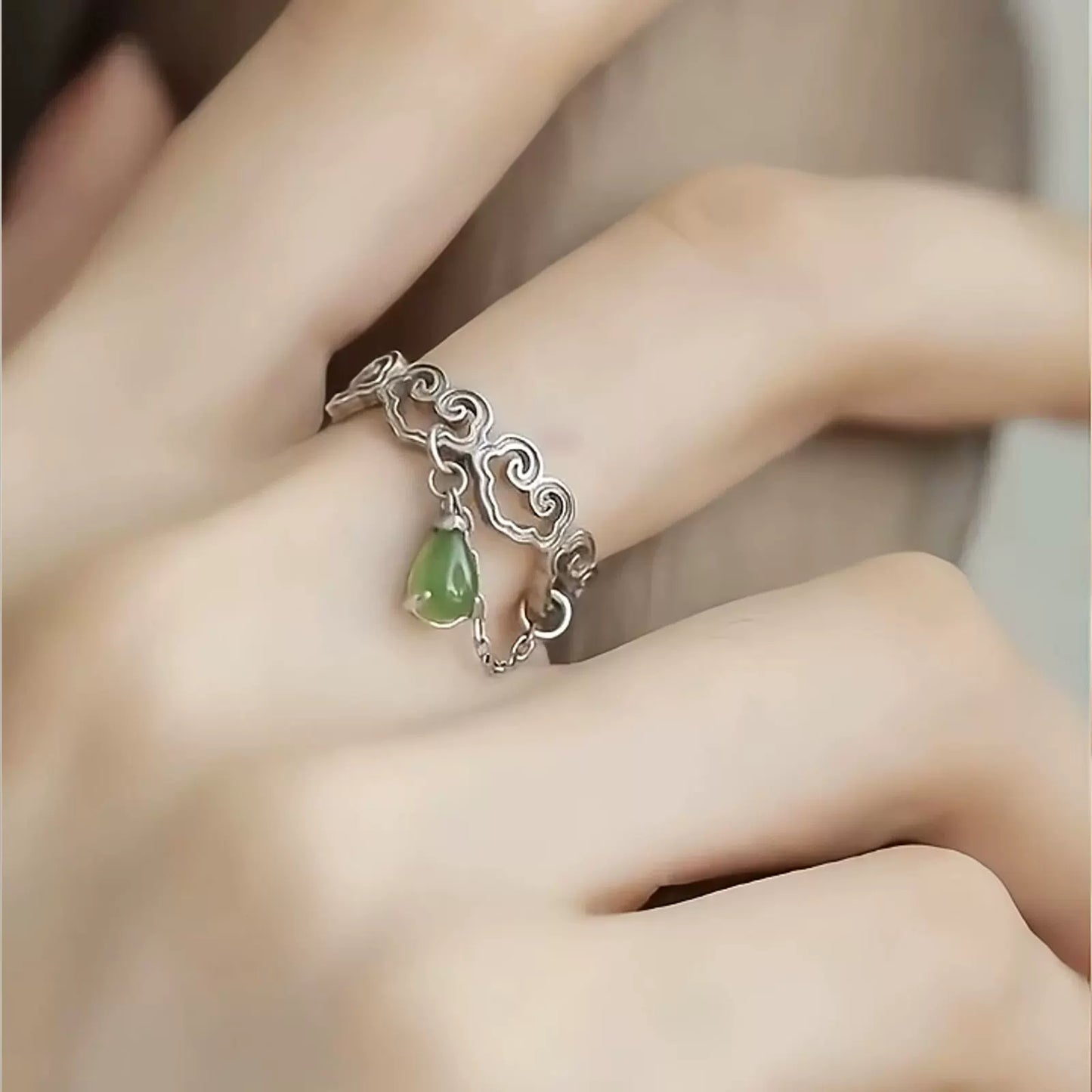 Jasper Water Drop Ring 925 Silver Women's Niche High-end Light Luxury Love Hollow Flower Carving Open Index Finger Ring
