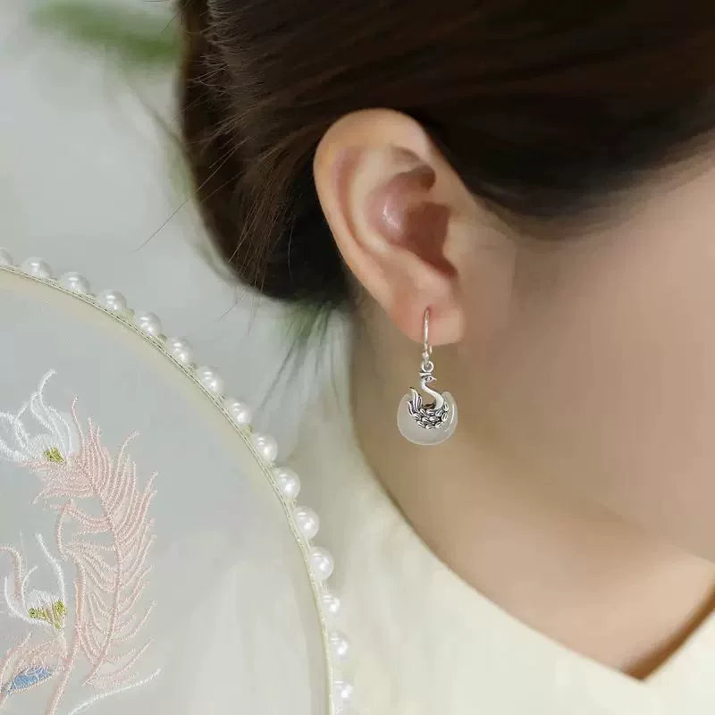 Retro 925 Silver Phoenix Chalcedony Earrings New Light Luxury Old Niche Ethnic Style High-end Versatile Earrings