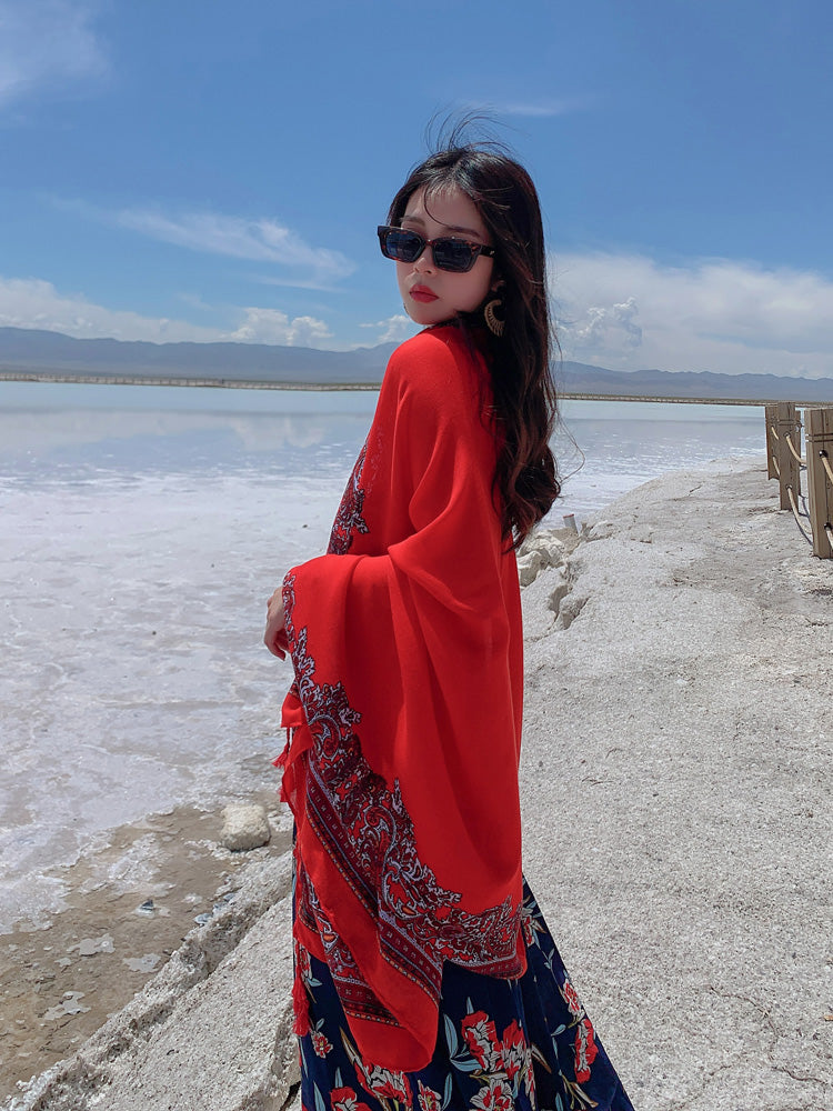 Red Ethnic Style Sunscreen Shawl Women's Summer Thin Style Wrapped with Silk Scarves, Beach Scarves