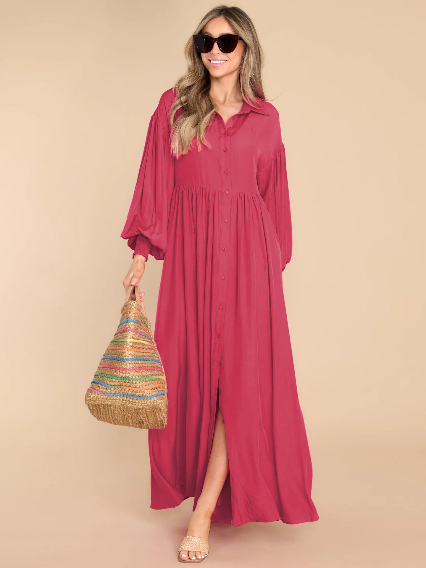 Autumn and Winter New Product Long Solid Color Dress Button Long Dress Loose Oversized Swing Skirt