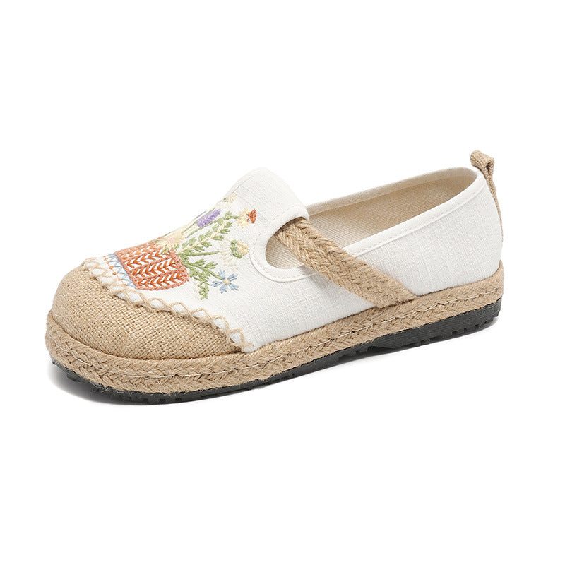 New Ethnic Style Embroidered Cloth Shoes Shallow Mouth One Pedal Low Top Old Beijing Cloth Shoes Woven Round Head Cloth Shoes Women