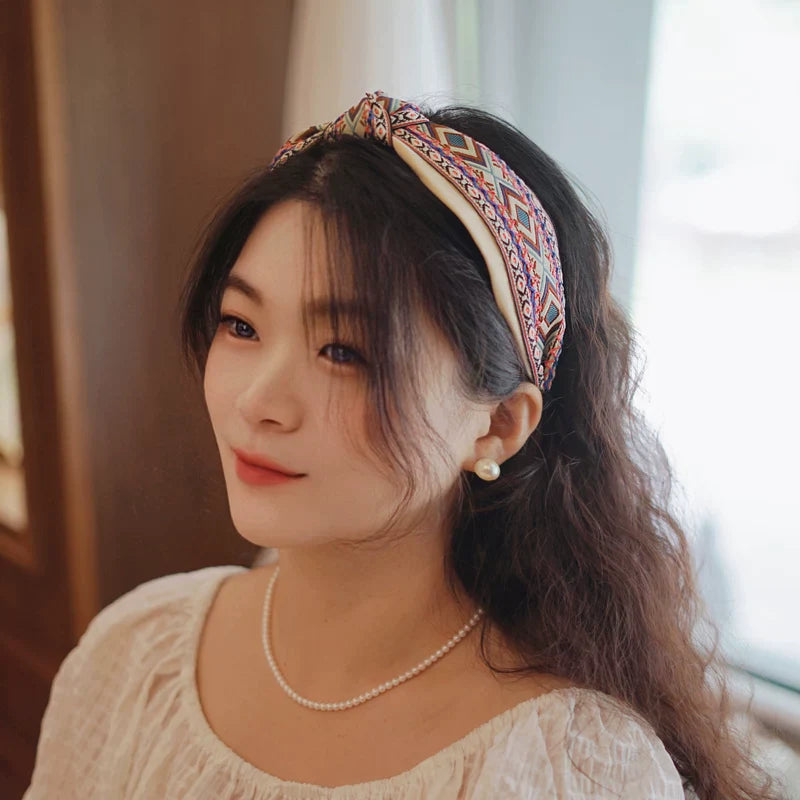 Bohemian Ethnic Wind Embroidery Knotted Headband High Skull Top Big Head Circumference Hair Hole Headband