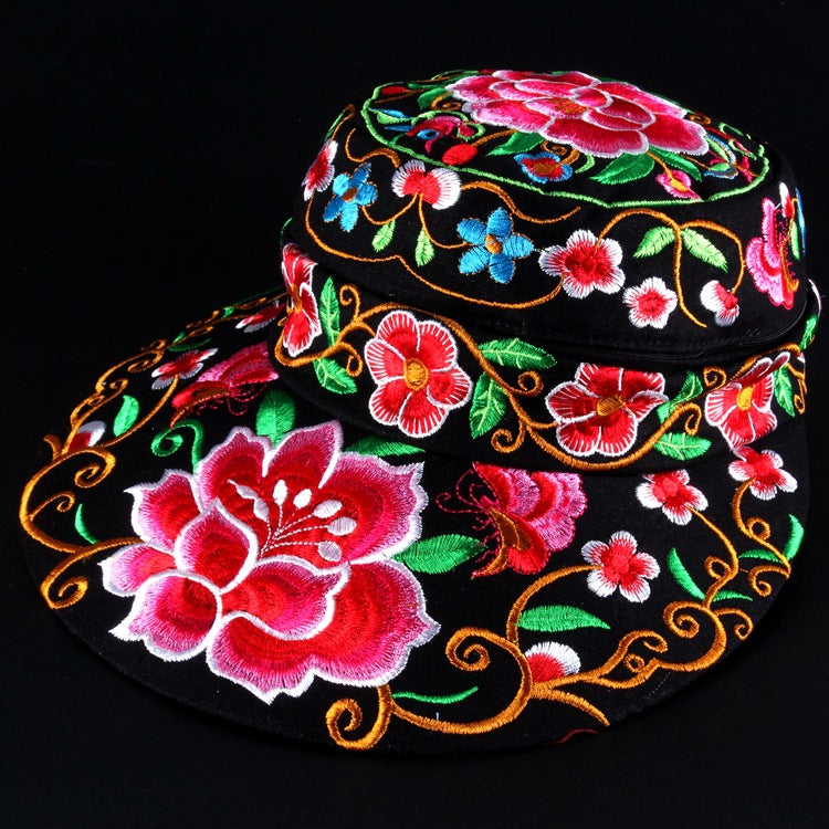 Versatile Ethnic Style Hat, Cotton and Hemp Embroidered Big Eave Hat, Embroidered Hat, Detachable Top, Dual Use Hat