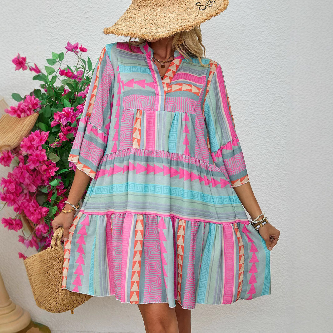 Women's Clothing New Spring and Autumn Printing V-neck Seven-quarter Sleeve Dress