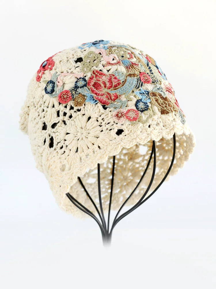 Ethnic Style Phoenix Embroidery Women's Headscarf Cover White Autumn Hat Hollow Knitting Heap Headscarf Woven Hat