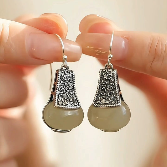 925 Silver Retro New Tibet Grass Pattern Jade Light Bulb Earrings, Ear Hooks, Ethnic Style Jewelry, Niche and High-end Sense