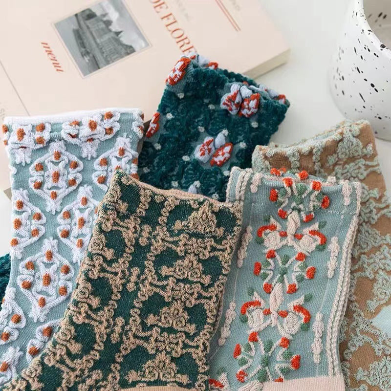 Socks Women's Court Style Retro Medium Tube Socks Three-dimensional Relief Autumn and Winter Women's Socks Floral Literary High Stockings Cotton - emogogo