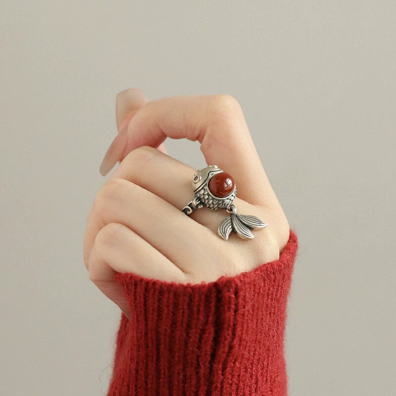 925 Silver Retro New Tibet Style Lucky Little Fat Fish Koi Ring