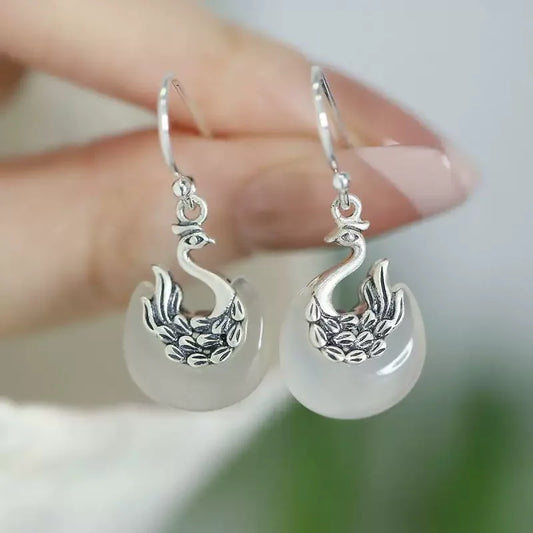 Retro 925 Silver Phoenix Chalcedony Earrings New Light Luxury Old Niche Ethnic Style High-end Versatile Earrings