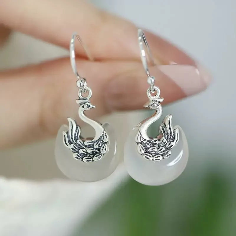 Retro 925 Silver Phoenix Chalcedony Earrings New Light Luxury Old Niche Ethnic Style High-end Versatile Earrings