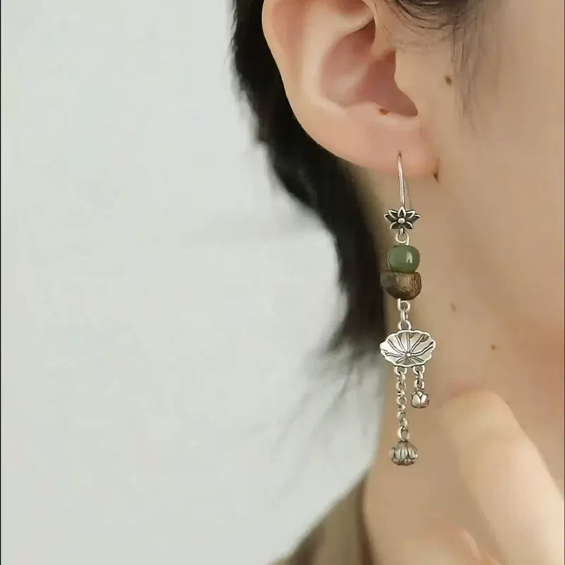 Retro 925 Silver Lotus Leaf Earrings Women's New Style Temperament Versatile Earrings Round Beads Irregular Earrings