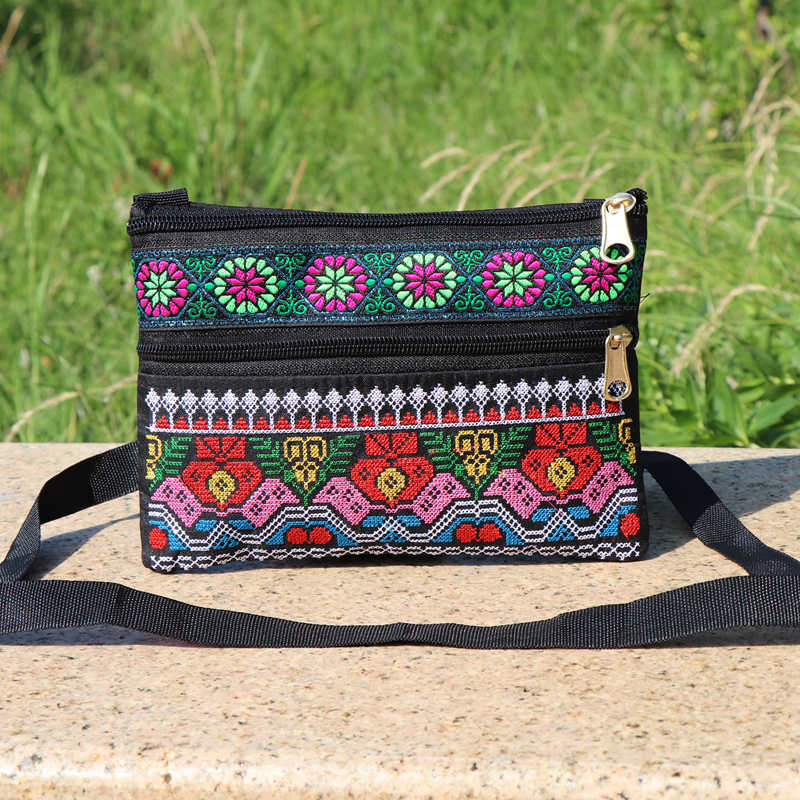 Ethnic Embroidery Single Shoulder Crossbody Bag Double Layer Zipper Bag