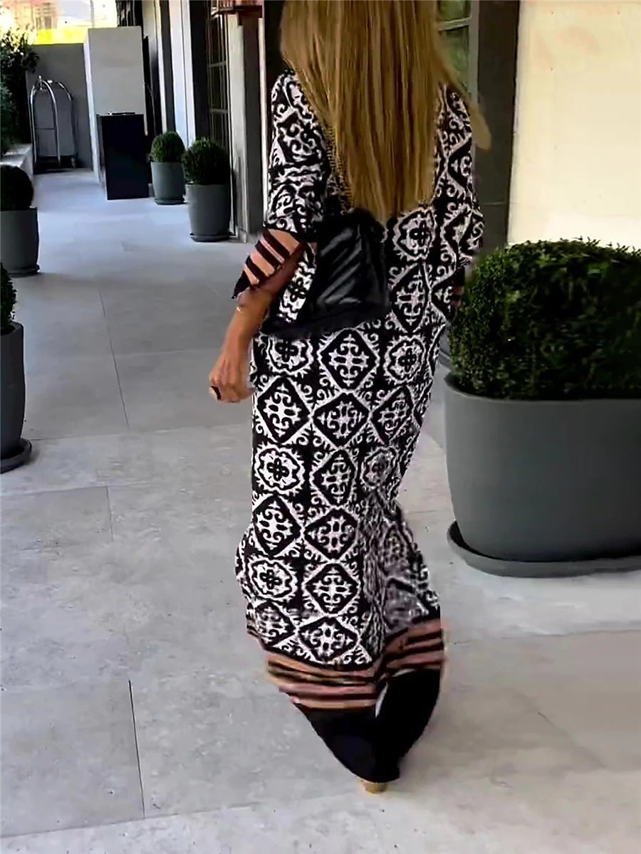 New Summer Retro Casual Geometric Colored Tribal Split V-Neck Long Sleeve Holiday Dress