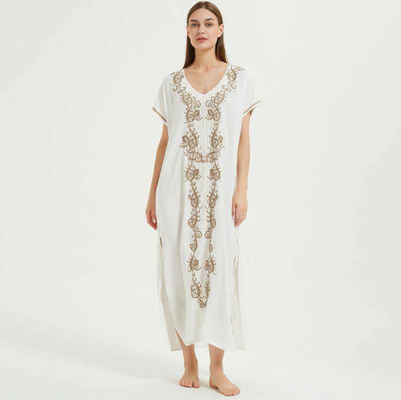 Artificial Cotton Embroidered Beach Cover Up, Long Robe Style Embroidered Dress, Beach Bikini Sun Protection Cover Up