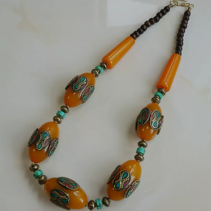 Ethnic Style Tibetan Accessories, Imitation Beeswax Oversized Nepalese Copper Bead Handmade Short Necklace, Sweater Chain
